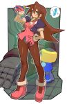  1boy 1girl alternate_hairstyle breasts brown_hair brown_pantyhose commentary_request crotch_plate dakusuta dress earrings gem glasses green_eyes gustaff hand_on_own_hip high_heels highres holding holding_pencil indoors jacket jewelry long_hair medium_breasts mega_man_(series) mega_man_legends_(series) open_clothes open_jacket pantyhose pencil pink_dress pink_footwear pink_shirt robot servbot_(mega_man) shirt skin_tight skull_earrings solo_focus speech_bubble star_(symbol) the_misadventures_of_tron_bonne thick_thighs thighs tron_bonne_(mega_man) wire 
