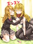  2girls bangs black_footwear black_gloves black_jacket black_skirt blonde_hair blue_bow blush boots bow braid breasts cleavage closed_eyes closed_mouth commentary_request cookie_(touhou) feet_out_of_frame gloves haiperion_buzan hair_between_eyes hair_bow highres jacket kirisame_marisa long_sleeves looking_to_the_side mars_(cookie) medium_breasts multiple_girls partially_fingerless_gloves petticoat pink_bow red_scarf rei_(cookie) scarf shiny shiny_hair side_braid single_braid skirt smile touhou translation_request yellow_eyes 