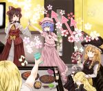  +_+ 6+girls :d animal_ears arrow_(symbol) ascot azusa_(cookie) black_capelet black_headwear black_skirt black_vest blonde_hair bow bowtie braid breasts brown_hair capelet commentary_request cookie_(touhou) cross cup detached_sleeves door eyewear_on_head facepaint food frilled_hat frilled_shirt_collar frilled_skirt frills full_body genpatsu_(cookie) green_hair haiperion_buzan hair_between_eyes hair_bow hakurei_reimu hat highres hisui_(cookie) holding holding_microphone indoors instrument izayoi_sakuya kanna_(cookie) karaoke kirisame_marisa kochiya_sanae lap_pillow large_breasts long_hair long_skirt microphone multiple_girls music musical_note niconico_id one_eye_closed open_mouth palms_together paseri_(cookie) pink_shirt pink_skirt pizza plate purple_hair rabbit_ears red_bow red_bowtie red_eyes red_shirt red_skirt rei_(cookie) reisen_udongein_inaba remilia_scarlet sakura_(cookie) shirt side_braid singing single_braid sitting skirt sleeveless sleeveless_shirt smile standing sunglasses tambourine the_chicken_that_appears_in_the_middle_of_cookie tile_floor tiles touhou uzuki_(cookie) vest white_sleeves witch_hat yellow_ascot yellow_bow 