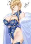  1girl absurdres ahoge artoria_pendragon_(fate) artoria_pendragon_(lancer)_(fate) bare_shoulders blonde_hair blue_gloves blue_legwear blue_leotard braid breasts cape cleavage cleavage_cutout clothing_cutout covered_navel crown elbow_gloves fate/grand_order fate_(series) french_braid fur-trimmed_cape fur_trim gloves green_eyes hair_between_eyes highleg highleg_leotard highres large_breasts leotard long_hair looking_at_viewer off_shoulder shiiki_(love-saber) sidelocks solo thighhighs thighs white_cape 