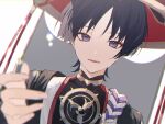  1boy bishounen blurry blurry_foreground genshin_impact hat highres japanese_clothes jewelry male_focus necklace open_mouth purple_eyes purple_hair reaching reaching_towards_viewer scaramouche_(genshin_impact) short_hair simple_background solo upper_body white_background xmayo0x 