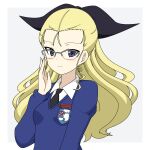  1girl adjusting_eyewear assam_(girls_und_panzer) bespectacled black_necktie black_ribbon blonde_hair blue_eyes blue_sweater closed_mouth dress_shirt emblem girls_und_panzer glasses grey-framed_eyewear grey_background hair_pulled_back hair_ribbon highres ichinose_jun long_hair long_sleeves looking_at_viewer necktie over-rim_eyewear ribbon school_uniform semi-rimless_eyewear shirt smile solo st._gloriana&#039;s_(emblem) st._gloriana&#039;s_school_uniform sweater v-neck white_shirt wing_collar 