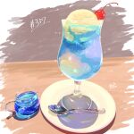  absurdres cherry cup drink drinking_glass food food_focus fruit highres ice_cream ice_cream_float no_humans original plate soda spoon takisou_sou 