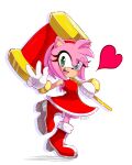  2021 5_fingers absurd_res amy_rose anthro boots clothing eulipotyphlan female fingers footwear gloves green_eyes handwear hedgehog hi_res mammal nin10ja open_mouth open_smile piko_piko_hammer sega signature simple_background smile solo sonic_the_hedgehog_(series) teeth white_background 