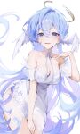  1girl absurdres aqua_eyes bare_shoulders blue_hair breasts detached_sleeves dress earrings gloves hair_between_eyes halo head_wings highres honkai:_star_rail honkai_(series) jewelry kkopoli long_hair looking_at_viewer medium_breasts open_mouth robin_(honkai:_star_rail) short_sleeves smile solo very_long_hair white_background white_dress white_sleeves wings 