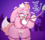 anthro audience ball_gag balls bdsm belt blush bodily_fluids bondage bound bow_(anatomy) chastity_cage chastity_device collar collar_tag cuff_(restraint) disembodied_hand drooling ears_down eeveelution fluffy fluffy_(luvbunny) fluffy_tail freckles fur furry_balls gag generation_6_pokemon genitals gimp_suit group harness hi_res leash leash_pull leashed_collar leather leather_cuffs luvbunny male mask mask_on_head muffled_speech nintendo paw_mitts petplay pink_body pink_fur pivoted_ears pokemon pokemon_(species) praise purple_background purple_nose restraints roleplay saliva shaking_legs simple_background speech_bubble sylveon tail tail_motion tailwag whining