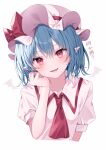  1girl arm_at_side ascot blue_hair blush bow collared_shirt cropped_torso drawn_wings eyelashes fang hair_between_eyes hair_bow hand_on_own_cheek hand_on_own_face hand_up hat head_tilt highres komomo_(ptkrx) looking_at_viewer lower_teeth_only medium_hair mob_cap open_mouth pink_hat pink_shirt pointy_ears puffy_short_sleeves puffy_sleeves red_ascot red_bow red_eyes remilia_scarlet shirt short_sleeves simple_background skin_fang smile solo teeth touhou translated tsurime upper_body white_background 