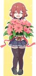  black_thighhighs bouquet brown_hair closed_eyes hair_ornament hairclip highres holding holding_bouquet ikazuchi_(kancolle) kantai_collection loafers pleated_skirt school_uniform serafuku shoes short_hair skirt smile thighhighs unagiman 