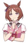  1girl animal_ears brown_hair finger_to_face flower_in_eye hashtag-only_commentary highres horse_ears horse_girl index_finger_raised looking_at_viewer parted_bangs puffy_short_sleeves puffy_sleeves purple_eyes sakata_s2023 sakura_laurel_(umamusume) short_hair short_sleeves simple_background smile solo symbol_in_eye umamusume upper_body white_background wrist_cuffs 
