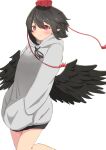  1girl bare_legs bird_wings black_hair black_ribbon black_wings blush bottomless closed_mouth commentary_request feathered_wings hands_in_pockets happy hat highres hood hood_down hoodie looking_at_viewer mizune_(winter) neck_ribbon pointy_ears red_eyes red_hat ribbon shameimaru_aya short_hair simple_background smile solo tassel tokin_hat touhou upper_body white_background white_hoodie wings 
