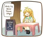  1girl absurdres bangs blonde_hair boots character_name closed_eyes cup hair_rings highres kisaki_tencha long_hair nijigen_project open_mouth partially_translated plant sitting solo table translation_request tree vietnamese_text virtual_youtuber vit_(6bigduck9) 