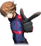  1boy artist_request black_gloves blue_bodysuit bodysuit brown_hair code_geass code_geass:_lost_stories covered_collarbone covered_navel cropped_torso dutch_angle finger_gun game_cg gloves green_eyes grin half-closed_eyes hand_on_own_hip happy looking_at_viewer male_focus naruse_yukiya non-web_source official_art pointing pointing_at_viewer short_hair sidelocks simple_background skin_tight smile solo standing swept_bangs teeth transparent_background upper_body 