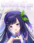  1girl ahoge bangs blunt_bangs blush congratulations detached_collar eggplant eyebrows_visible_through_hair fang gloves hand_on_own_face hat highres long_hair natsumi_hachi nijigen_project nina_ermintrude open_mouth purple_eyes purple_hair side_ponytail smile solo vietnamese_text virtual_youtuber white_gloves 