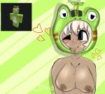  blep blonde_hair blush blush_lines breasts clothing frog_hood hair hat hat_only headgear headgear_only headwear headwear_only heart_reaction hood light lighting mostly_nude one_eye_closed roblox robloxian shaded simple_background tongue tongue_out unknown_character watermark 