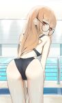  1girl absurdres ass bare_arms bare_shoulders black-framed_eyewear black_one-piece_swimsuit blush brown_hair commentary commission from_behind glasses highres leaning_forward long_hair looking_at_viewer looking_back one-piece_swimsuit original pool poolside red_eyes round_eyewear solo sweat swimsuit syhan very_long_hair 