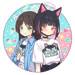  2girls airi_(band)_(blue_archive) airi_(blue_archive) animal_ears black_choker black_hair black_mask blue_archive blue_jacket blush cat_ears character_name choker food green_eyes heart ice_cream_cone jacket kazusa_(band)_(blue_archive) kazusa_(blue_archive) long_hair looking_at_viewer macaron mask mask_pull multicolored_hair multiple_girls onyhakase open_clothes open_jacket pink_eyes pink_hair shirt short_hair simple_background smile sparkle star_(symbol) t-shirt 