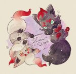  bright_pupils brown_eyes character_name dated english_text green_eyes grey_fur highres hisuian_zorua miketoevecan multicolored_fur no_humans pokemon pokemon_(creature) red_fur smile two-tone_fur white_fur white_pupils zorua 
