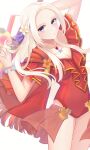  1girl arm_behind_head arm_up breasts cleavage collarbone commentary_request edelgard_von_hresvelg fire_emblem fire_emblem:_three_houses flower forehead fringe_trim hair_flower hair_ornament hair_ribbon hand_up highres long_hair looking_at_viewer one-piece_swimsuit parted_bangs parted_lips purple_eyes purple_ribbon red_one-piece_swimsuit ribbon satoimo_chika simple_background solo star_(symbol) swimsuit very_long_hair white_background white_flower white_hair yellow_flower 