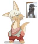  1other :3 androgynous animal animal_ears body_fur brown_fur colored_eyelashes dog furry gyaru_v hand_on_own_hip highres jitome looking_at_viewer made_in_abyss meme nanachi_(made_in_abyss) open_mouth other_focus pants pouch puffy_pants rabbit_ears red_pants reference_photo short_hair sidelocks simple_background smile solo standing tail uis0 v whiskers white_background yellow_eyes 