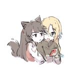  2girls :&lt; ;o animal_ears blonde_hair blue_eyes blue_hair brown_hair closed_mouth cropped_torso dog_ears dog_girl dog_tail fang fujishima_megumi gradient_hair grey_eyes grey_shirt hair_down holding holding_phone hug hug_from_behind kemonomimi_mode light_blue_hair link!_like!_love_live! long_hair long_sleeves love_live! mofuniku multicolored_hair multiple_girls official_alternate_costume official_alternate_hairstyle one_eye_closed open_mouth osawa_rurino parted_bangs phone pink_sweater_vest purple_eyes shirt simple_background skin_fang sweater_vest tail two_side_up virtual_youtuber white_background white_shirt yuri 