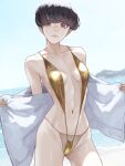  1girl black_hair blunt_bangs breasts closed_mouth commentary_request day gold_slingshot_swimsuit highres kaoming looking_at_viewer medium_breasts navel original outdoors paid_reward_available shakujii_tsubasa short_hair smile solo standing swimsuit 