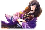  1boy artist_request backlighting black_hair black_hakama black_kimono closed_mouth code_geass code_geass:_lost_stories cropped_torso crossed_arms dutch_angle flower_knot fur_collar game_cg hakama half-closed_eyes haori happy highres japanese_clothes kimono lelouch_vi_britannia long_sleeves looking_at_viewer male_focus non-web_source official_art purple_eyes purple_haori rope short_hair sidelocks simple_background smile solo standing tassel transparent_background wide_sleeves 
