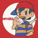  1boy backpack bag baseball_bat baseball_cap black_hair blending blush brown_bag burger chewing commentary_request copyright_name eating food hand_in_pocket hat holding holding_burger holding_food looking_at_viewer male_focus mother_(game) mother_2 ness_(mother_2) pac-man_eyes red_hat shirt short_hair short_sleeves sideways_hat solo striped_clothes striped_shirt ukata upper_body 