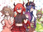  4girls :p alternate_costume amiya_(arknights) animal_ears arknights bespectacled black_hat black_shirt blue_eyes blue_hair blueberry book bracelet brown_hair brown_shorts buttons ch&#039;en_(arknights) closed_mouth commentary cowboy_shot demon_horns dragon_horns dress drink eyjafjalla_(arknights) food fruit glasses gradient_hair green_dress green_hat hat holding holding_book holding_drink horns horns_through_headwear infection_monitor_(arknights) jacket jewelry kiwi_(fruit) long_hair looking_at_viewer maguro_kan midriff multicolored_hair multiple_girls multiple_rings open_mouth orange_(fruit) parted_lips pinafore_dress pink_dress pink_eyes plaid plaid_skirt puffy_short_sleeves puffy_sleeves purple_jacket red_eyes red_hair red_skirt ring sheep_ears sheep_horns shirt short_sleeves shorts side_ponytail sidelocks simple_background skirt sleeveless sleeveless_dress smile strawberry surtr_(arknights) surtr_(liberte_echec)_(arknights) symbol-only_commentary tongue tongue_out white_background white_shirt 
