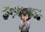  1other absurdres apple black_hair branch buttons collared_shirt food fruit grey_background highres leaf nonentityyouth original own_hands_together plant shirt short_hair short_sleeves simple_background solo upper_body white_shirt yellow_eyes 