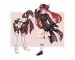  2girls accessories armor bike_shorts blush brown_hair commission commissioner_upload cosplay costume_switch crossover fire_emblem fire_emblem_awakening genshin_impact greaves hat highres hu_tao_(genshin_impact) leaning_forward multiple_girls one_eye_closed red_eyes red_hair severa_(fire_emblem) simple_background standing standing_on_one_leg twintails witchi 