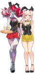  2girls :d absurdres airani_iofifteen animal_ears black_footwear blush bow bowtie breasts bunny_garden buttons champagne_flute cleavage colored_skin commentary cup double-breasted double_bun drinking_glass fake_animal_ears full_body gradient_hair grey_hair grey_skin grin hair_bun hair_ornament heterochromia high_heels highres holding holding_tray hololive hololive_indonesia hostess kghazir kureiji_ollie long_hair looking_at_viewer medium_breasts multicolored_hair multicolored_skin multiple_girls nontraditional_playboy_bunny open_mouth patchwork_skin pink_hair purple_eyes rabbit_ears red_eyes red_hair side_ponytail simple_background skirt small_breasts smile standing stitched_face stitches tray vest virtual_youtuber white_background wrist_cuffs yellow_eyes zombie 