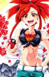  1girl absurdres breasts cleavage flannery_(pokemon) hand_on_own_hip highres hip_bones holding holding_poke_ball looking_at_viewer midriff mikkusushi navel open_mouth poke_ball poke_ball_(basic) pokemon pokemon_oras red_eyes red_hair shirt solo sparkle tied_shirt 