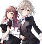  2girls absurdres anastasia_(idolmaster) apron black_dress black_jacket black_pants blue_bow blue_bowtie blue_eyes bow bowtie brown_vest character_request collared_shirt dress frilled_apron frills grey_hair highres idolmaster idolmaster_cinderella_girls jacket long_sleeves looking_at_viewer maid maid_apron maid_headdress multiple_girls pants popon_ta purple_hair red_eyes shirt short_hair simple_background smile suit vest waist_apron white_apron white_background white_shirt wrist_cuffs 