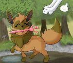  3_fingers 3_toes anthozoan braixen brown_body brown_fur bubbles_the_braixen cnidarian coral disembodied_hand duo eevee eva_the_eevee eyes_closed fan_character fangs feet female female/female feral fingers forest fur inner_ear_fluff marine nintendo object_in_mouth outside paws plant pok&eacute;mon pok&eacute;mon_(species) shark_batter toes tongue tongue_out tree tuft video_games wand white_body white_fur 