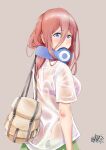  1girl absurdres bag blue_eyes bra bra_visible_through_clothes breasts brown_hair commentary_request from_side go-toubun_no_hanayome green_skirt handbag headphones headphones_around_neck highres island_lagoon large_breasts long_hair long_hair_between_eyes looking_at_viewer nakano_miku purple_bra school_uniform see-through see-through_shirt shirt short_sleeves signature simple_background skirt solo underwear wet wet_clothes wet_shirt white_shirt 