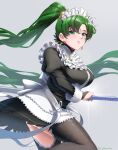  1girl absurdres alternate_costume apron ass black_dress black_legwear breasts brooch burnt_green_tea dress enmaided fire_emblem fire_emblem:_the_blazing_blade green_eyes green_hair highres jewelry large_breasts long_hair lyn_(fire_emblem) maid maid_apron maid_headdress ponytail thighs very_long_hair 