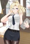  1girl absurdres alternate_hairstyle bespectacled black_legwear black_necktie black_skirt blonde_hair blurry blurry_background breasts commentary_request dress_shirt glasses grey_eyes highres hornet_(kancolle) kantai_collection large_breasts long_hair looking_at_viewer necktie nitamako_(sakamalh) pantyhose paper pencil_skirt ponytail shirt skirt sleeveless sleeveless_shirt solo thighband_pantyhose white_shirt 