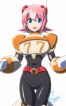  1girl absurdres android armor bangs belt black_bodysuit blue_eyes blush bodysuit clenched_hands commentary_request eyebrows_visible_through_hair fontatoba gloves hair_ornament highres joints mega_man_(series) mega_man_x:_command_mission mega_man_x_(series) mega_man_x_dive multicolored_hair nana_(mega_man_x:_command_mission) open_mouth pink_hair robot_joints shiny shiny_clothes short_hair signature simple_background skin_tight smile solo two-tone_hair white_background white_gloves white_hair 