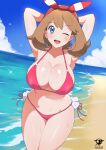  1girl ;d alternate_breast_size armpits arms_behind_head artist_logo artist_name beach bikini blue_eyes blue_sky bow breasts brown_hair cleavage cloud collarbone cowboy_shot curvy english_commentary hair_bow kaos_art large_breasts looking_at_viewer may_(pokemon) navel ocean one_eye_closed open_mouth patreon_username pokemon pokemon_oras red_bikini side-tie_bikini_bottom sky smile solo standing swimsuit teeth upper_teeth_only 