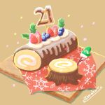  blueberry cake confetti cream food food_focus fruit highres icing mittens no_humans original pastry strawberry swiss_roll tonekoya tray tree_stump 