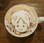  1girl :3 =_= closed_eyes closed_mouth coffee commentary_request cup drink earrings elf frieren george_(yamamoto_kazuki) highres jewelry latte_art latte_art_(medium) long_hair long_pointy_ears parted_bangs photo_(medium) pointy_ears portrait sad solo sousou_no_frieren twintails unconventional_media 