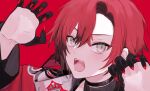  1boy bishounen black_choker black_gloves choker claw_pose fangs gloves highres holostars holostars_english machina_x_flayon male_focus open_mouth red_background red_hair red_nails short_hair simple_background solo upper_body xmayo0x 