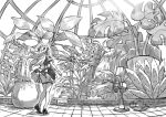  1girl apron ass dress electric_fan floating_hair from_behind full_body greenhouse greyscale light_rays long_hair maid maid_day maid_headdress monochrome original panties plant saitou_masatsugu sketch solo sunlight thighhighs underwear 