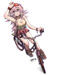  1girl absurdres alternate_costume arknights bead_bracelet beads bicycle blush bracelet breasts cleavage commentary_request dated gaoling_gangqin goggles goggles_on_head hair_between_eyes highres jewelry long_hair looking_at_viewer medium_breasts mulberry_(arknights) red_shorts riding riding_bicycle shorts simple_background solo tank_top very_long_hair white_background white_hair yellow_tank_top 