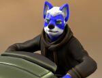  anthro blue_body blue_fur brown_clothing canid canine clothing drnicktcoil drnicktcoil(drnicktcoil) eyebrows fox fur green_eyes hair heroforge hoodie male mammal solo topwear vehicle white white_eyebrows 