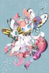  alice0701 antennae beautifly blue_background blue_eyes bow bug butterfly butterfly_on_head butterfree claws fang highres insect_wings no_humans open_mouth pink_fur pokemon pokemon_(creature) purple_fur red_eyes ribbon sylveon vivillon vivillon_(meadow) white_butterfly white_fur wings 