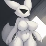 1:1 2024 anthro big_breasts boogie_(species) bound breasts canid canine drone encasement female fox genitals latex mammal navel nipples ozoneserpent pussy solo standing thick_thighs white_latex wide_hips 
