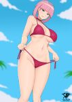  1girl artist_logo bikini blue_eyes blue_sky blunt_bangs breasts cameltoe choker cloud cowboy_shot curvy day ear_piercing earrings groin hair_ornament heart heart_earrings jewelry kaos_art large_breasts looking_at_viewer mollie_(pokemon) navel outdoors parted_lips piercing pokemon pokemon_(anime) pokemon_horizons red_bikini red_choker short_hair sky solo standing stomach swimsuit thighs 