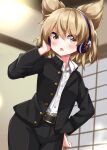  1girl :o alternate_costume arm_up belt belt_buckle black_belt black_jacket black_pants blonde_hair blush brown_eyes buckle buttons collared_shirt commentary cowboy_shot earmuffs gakuran hand_in_own_hair hand_on_own_hip highres indoors jacket long_sleeves open_clothes open_jacket open_mouth pants pointy_hair ruu_(tksymkw) school_uniform shirt short_hair solo split_mouth standing touhou toyosatomimi_no_miko unbuttoned white_shirt 