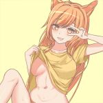  1girl animal_ears arknights arm_up blush breasts ceobe_(arknights) clothes_lift collarbone commentary_request dog_ears dog_girl hand_up lifted_by_self long_hair looking_at_viewer medium_breasts navel open_mouth orange_eyes orange_hair shirt shirt_lift short_sleeves simple_background smile solo suto_(strife0123) t-shirt v v_over_eye yellow_background yellow_shirt 
